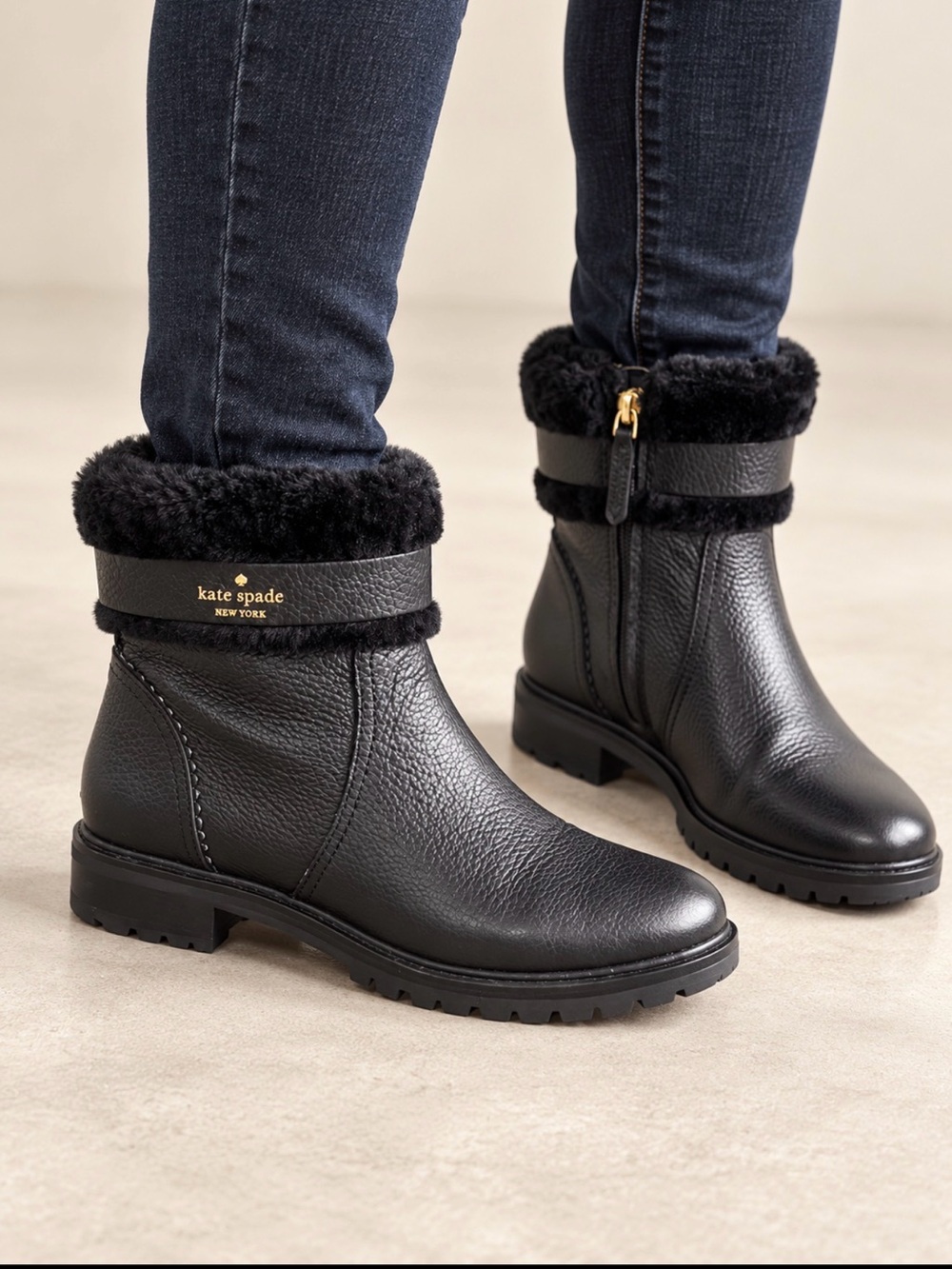 kate spade Black Leather Faux-Fur Cuff Ankle Boots